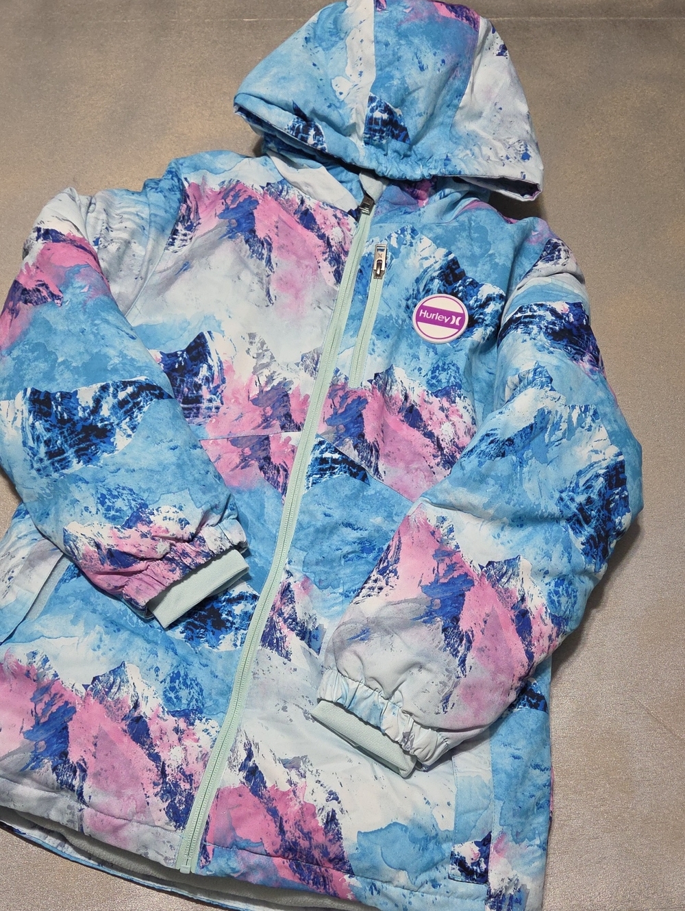 Hurley Blue & Pink Mountain-Print Hooded Puffer